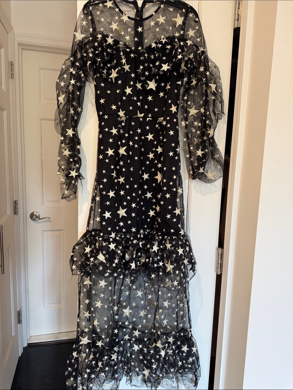Boohoo Petite Black Sheer Maxi Dress with Silver Star Print